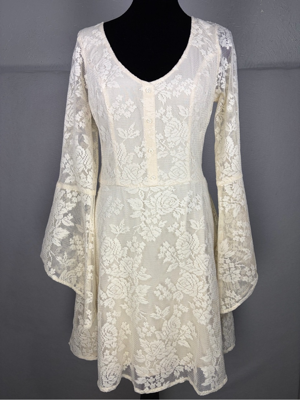 Hollister Cream Lace V-Neck Bell Sleeve Dress